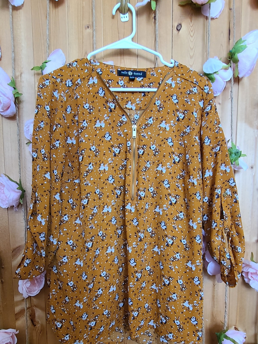 Elle Mustard Floral Zip-Front Blouse